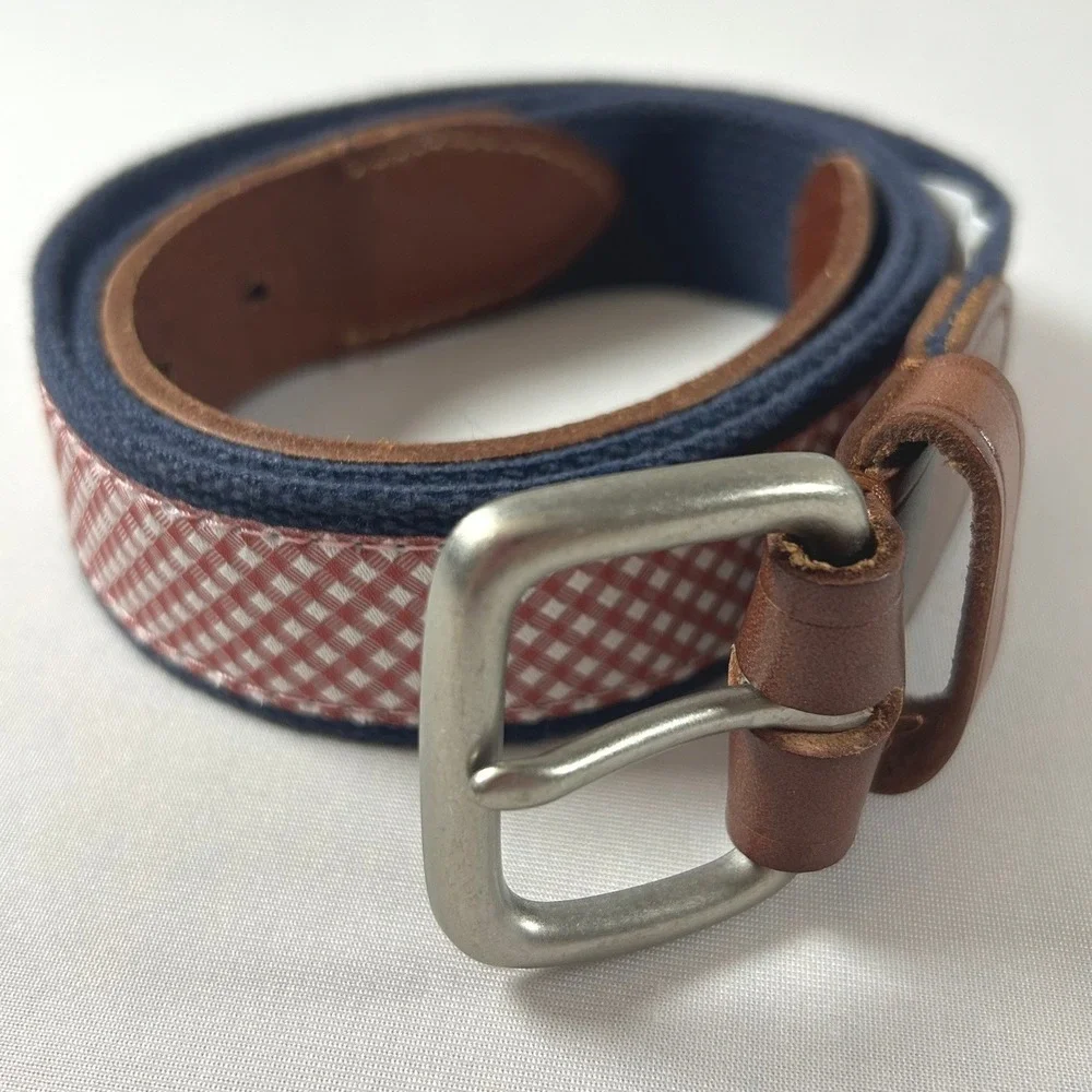 J.Crew Belt Mens 36 Blue Red Gingham Checkered Canvas Leather Trim Preppy